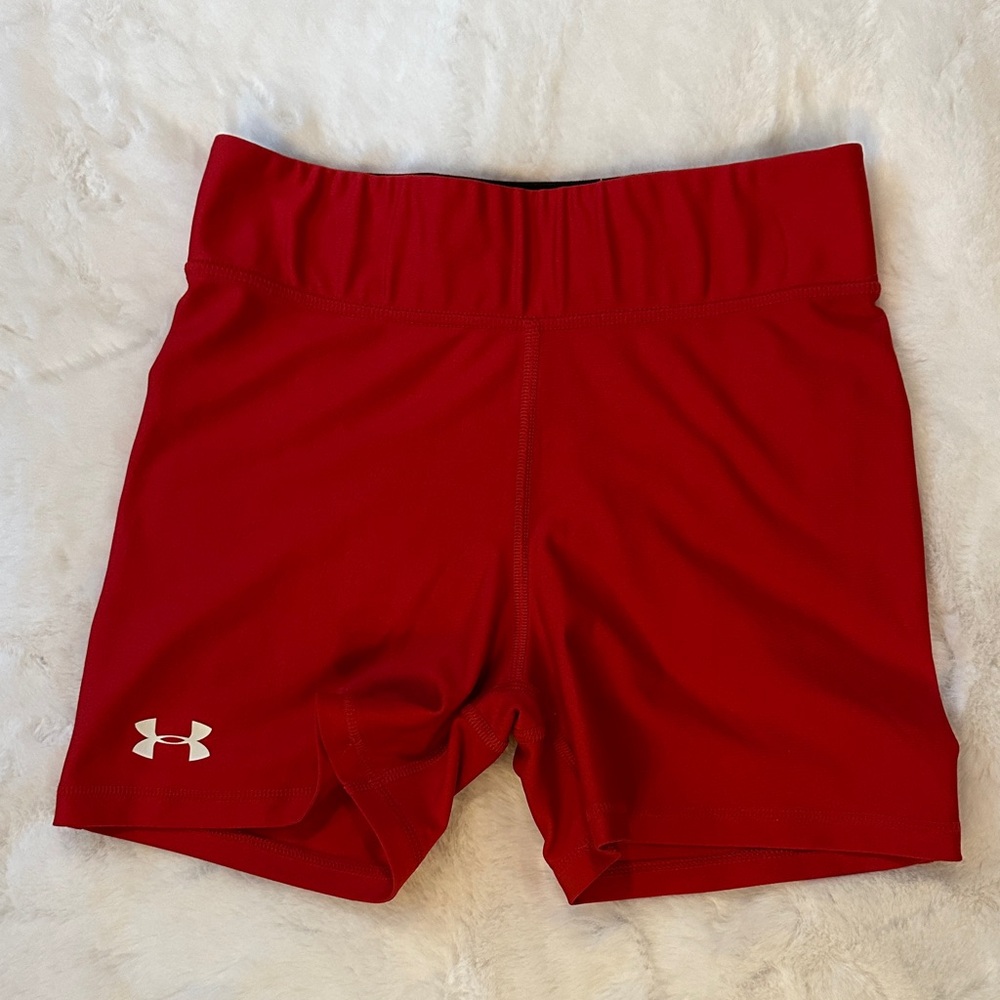 4/$20🙈EUC Under Armour Women's Vibrant Red Athletic Shorts Waist 12.5" Stretch
